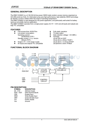 EM6112K1600TFA-55F datasheet - 512Kx8 LP SRAM