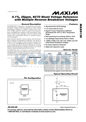 MAX6138AEXR12-T datasheet - 0.1%, 25ppm, SC70 Shunt Voltage Reference with Multiple Reverse Breakdown Voltages