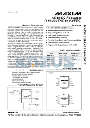 MAX612CPA datasheet - AC-to-DC Regulator(110/220VAC to 5.0VDC)