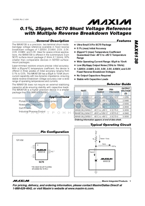 MAX6138 datasheet - 0.1%, 25ppm, SC70 Shunt Voltage Reference with Multiple Reverse Breakdown Voltages
