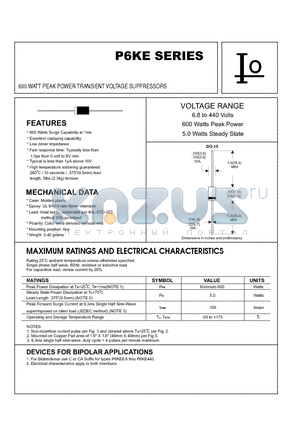 P6KE350 datasheet - 600 WATT PEAK POWER TRANSIENT VOLTAGE SUPPRESSORS