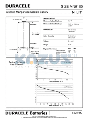 MN9100 datasheet - Alkaline Manganese Dioxide Battery