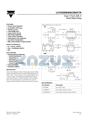 LH1502 datasheet - Dual 1 Form A/B, C Solid State Relay