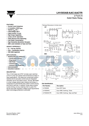 LH1503AACTR datasheet - 2 Form A Solid State Relay