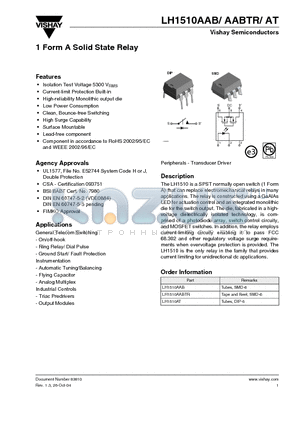 LH1510AABTR datasheet - 1 Form A Solid State Relay