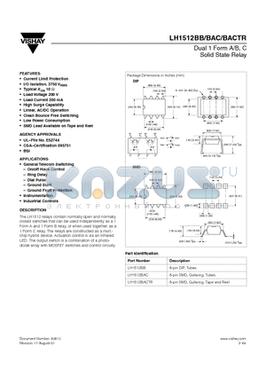 LH1512BACTR datasheet - Dual 1 Form A/B, C Solid State Relay