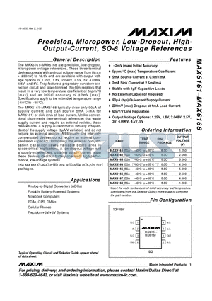 MAX6167BESA datasheet - Precision, Micropower, Low-Dropout, High- Output-Current, SO-8 Voltage References