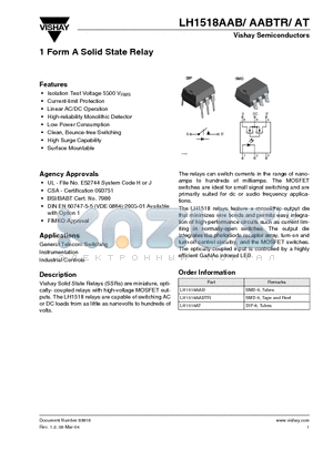 LH1518AABTR datasheet - 1 Form A Solid State Relay