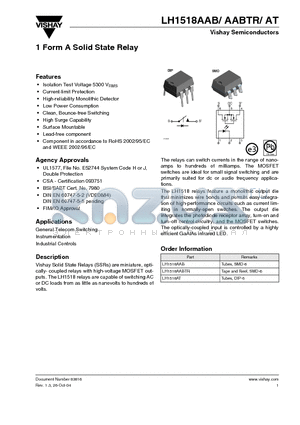 LH1518AABTR datasheet - 1 Form A Solid State Relay
