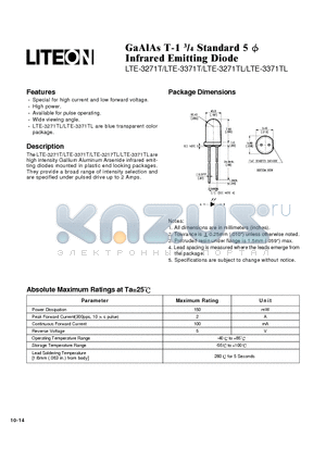 LTE-3371TL datasheet - GaAlAs T-1 3/4 Standard 5 Infrared Emitting Diode