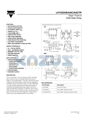 LH1522AACTR datasheet - Dual 1 Form A Solid State Relay