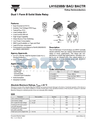 LH1523BB datasheet - Dual 1 Form B Solid State Relay