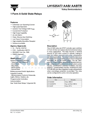 LH1525AT datasheet - 1 Form A Solid State Relays