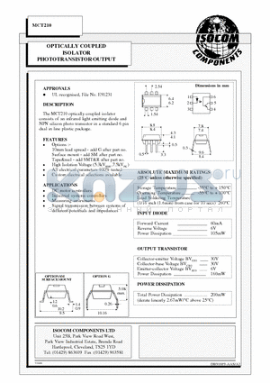 MCT210 datasheet - OPTICALLY COUPLED ISOLATOR PHOTOTRANSISTOR OUTPUT