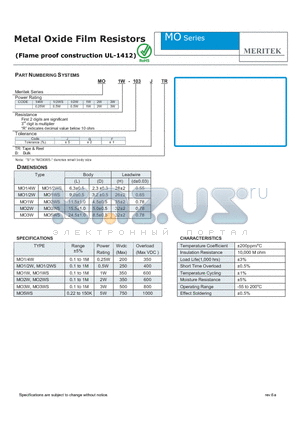 MO1/4W-103FTR datasheet - Metal Oxide Film Resistors (Flame proof construction UL-1412)