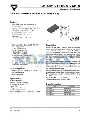 LH1529FP datasheet - Telecom Switch - 1 Form A Solid State Relay