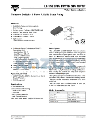 LH1529FPTR datasheet - Telecom Switch - 1 Form A Solid State Relay