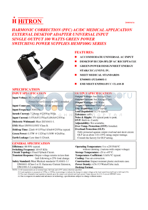 HEMP100G-S150620-8 datasheet - HARMONIC CORRECTION AC/DC MEDICAL APPLICATION EXTERNAL DESKTOP ADAPTER UNIVERSAL INPUT SINGLE OUTPUT 100 WATTS GREEN POWER SWITCHING POWER SUPPLIES