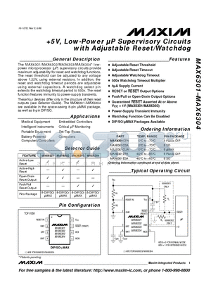 MAX6301 datasheet - 5V, Low-Power uP Supervisory Circuits with Adjustable Reset/Watchdog