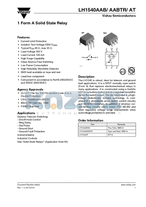 LH1540AT datasheet - 1 Form A Solid State Relay