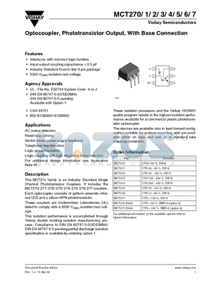 MCT270 datasheet - Optocoupler, Phototransistor Output, With Base Connection