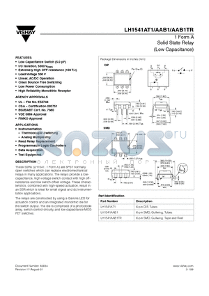 LH1541AT1 datasheet - 1 Form A Solid State Relay(Low Capacitance)