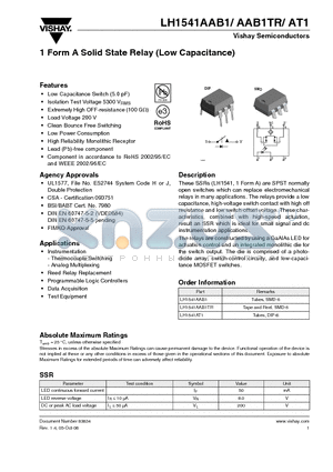 LH1541AT1 datasheet - 1 Form A Solid State Relay (Low Capacitance)