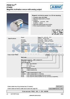 PTAS2-15-U2-CCW-M12R5 datasheet - Magnetic inclination sensor with analog output