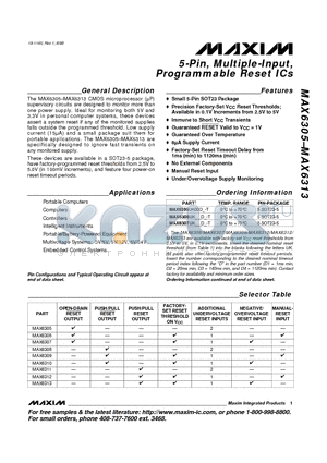 MAX6306 datasheet - 5-Pin, Multiple-Input, Programmable Reset ICs