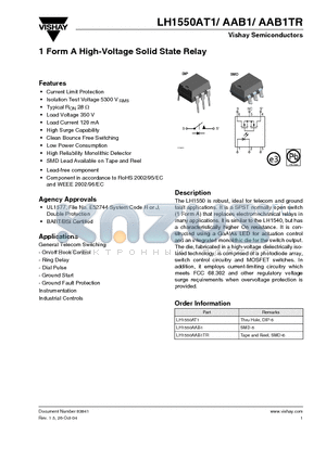 LH1550AAB1TR datasheet - 1 Form A High-Voltage Solid State Relay