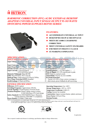 HEP103-150068 datasheet - HARMONIC CORRECTION (PFC) AC/DC EXTERNAL DESKTOP ADAPTER UNIVERSAL INPUT SINGLE OUTPUT 95-103 WATTS SWITCHING POWER SUPPLIES