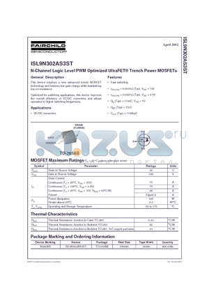 N302AS datasheet - N-Channel Logic Level PWM Optimized UltraFET Trench Power MOSFETs
