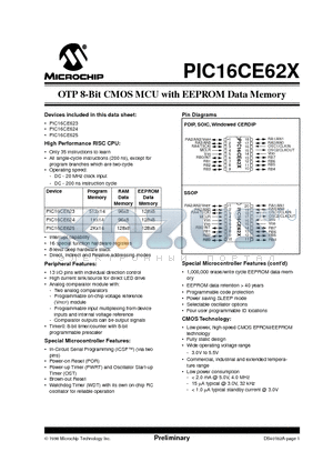 PIC16CE623-20I/P datasheet - OTP 8-Bit CMOS MCU with EEPROM Data Memory