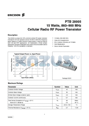 PTB20005 datasheet - 15 Watts, 860-900 MHz Cellular Radio RF Power Transistor