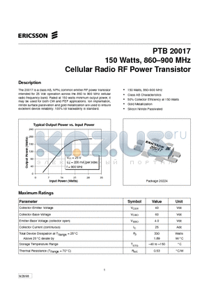 PTB20017 datasheet - 150 Watts, 860-900 MHz Cellular Radio RF Power Transistor