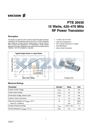 PTB20030 datasheet - 15 Watts, 420-470 MHz RF Power Transistor