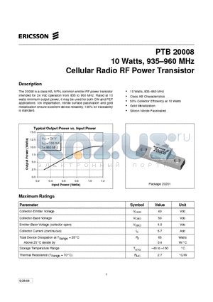 PTB20008 datasheet - 10 Watts, 935-960 MHz Cellular Radio RF Power Transistor
