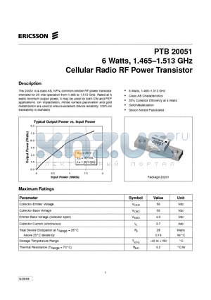 PTB20051 datasheet - 6 Watts, 1.465-1.513 GHz Cellular Radio RF Power Transistor