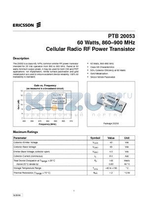 PTB20053 datasheet - 60 Watts, 860-900 MHz Cellular Radio RF Power Transistor