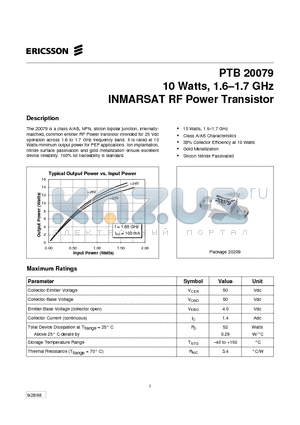 PTB20079 datasheet - 10 Watts, 1.6-1.7 GHz INMARSAT RF Power Transistor