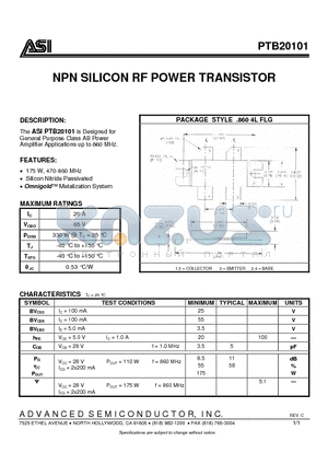 PTB20101 datasheet - NPN SILICON RF POWER TRANSISTOR