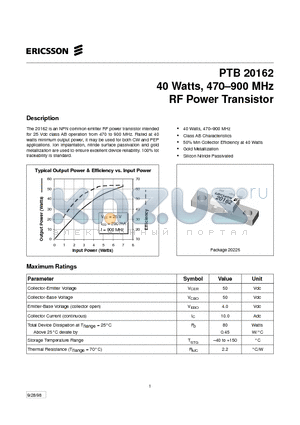 PTB20162 datasheet - 40 Watts, 470-900 MHz RF Power Transistor