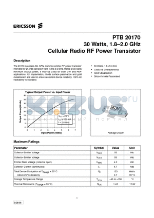 PTB20170 datasheet - 30 Watts, 1.8-2.0 GHz Cellular Radio RF Power Transistor