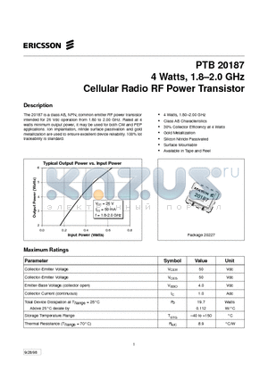 PTB20187 datasheet - 4 Watts, 1.8-2.0 GHz Cellular Radio RF Power Transistor