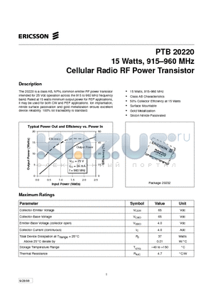 PTB20220 datasheet - 15 Watts, 915-960 MHz Cellular Radio RF Power Transistor