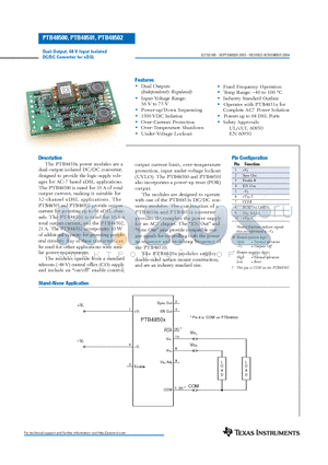 PTB48501 datasheet - Dual-Output, 48-V Input Isolated DC/DC Converter for xDSL