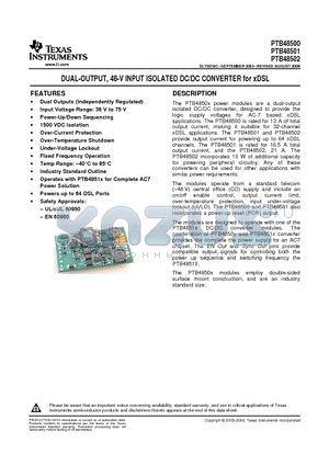 PTB48501 datasheet - DUAL-OUTPUT, 48-V INPUT ISOLATED DC/DC CONVERTER for xDSL