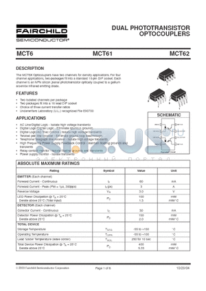 MCT6.SD datasheet - DUAL PHOTOTRANSISTOR OPTOCOUPLERS