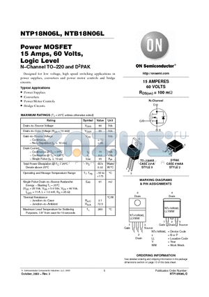 NTB18N06LT4G datasheet - Power MOSFET 15 Amps, 60 Volts, Logic Level (N−Channel TO−220 and DPAK)