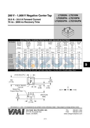 LTI202FN datasheet - 200 V - 1,000 V Negative Center Tap 20.0 A - 25.0 A Forward Current 70 ns - 3000 ns Recovery Time
